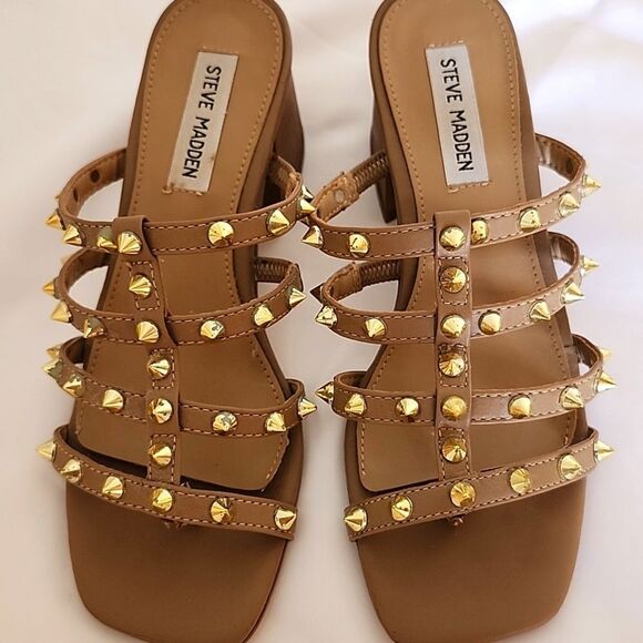 STEVE MADDEN Women's Gold Studded Spiked Strappy Wedding Party Stacked Heel 6.5 - Picture 2 of 7